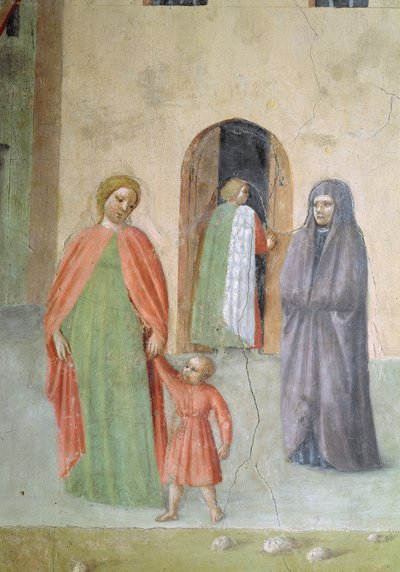 Saint Pierre guérissant un infirme et la résurrection de Tabitha : détail des figures lointaines : nonne et mère avec enfant (détail) - Tommaso Masolino da Panicale