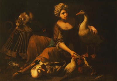 Une fille nourrissant des coqs, avec un chat sur un panier, une oie, un canard et d