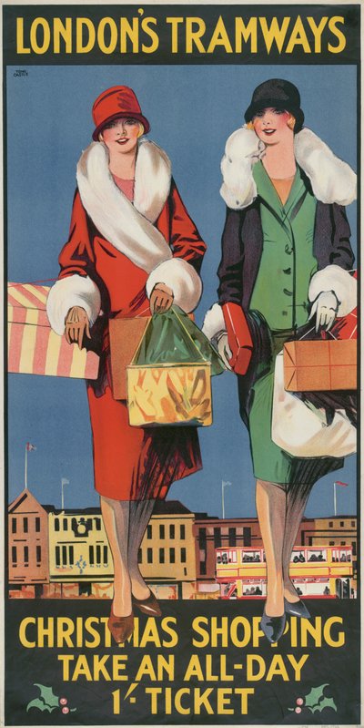 Shopping de Noël, prenez un billet toute la journée, affiche des tramways du London County Council LCC, 1926 - Tony Castle