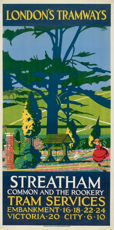 Streatham Common et le Rookery, affiche des tramways du London County Council, 1927 - Tony Castle