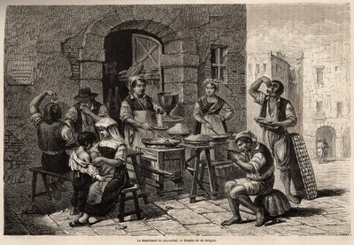 Le marchand de macaroni, dessin de Bergue, pour illustrer Naples et les Napolitains, en 1861, par Marc Monnier (1829-1885). Gravure dans « Le tour du monde » 1861. Collection Selva. - Tony Francois de Bergue