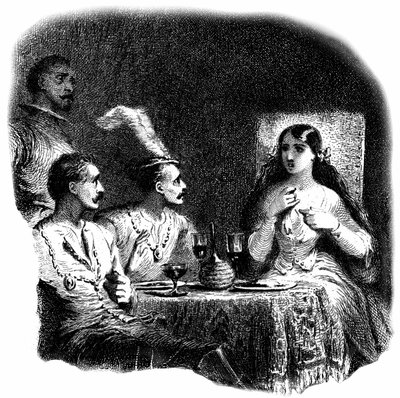 Une jeune femme et trois hommes debout devant des verres de vin - Détail d