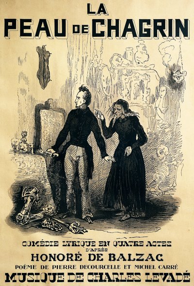 Affiche pour Le peau de chagrin, opéra comique, livret de Pierre Decourcelle et Michel Carre, musique de Charles Levade, d