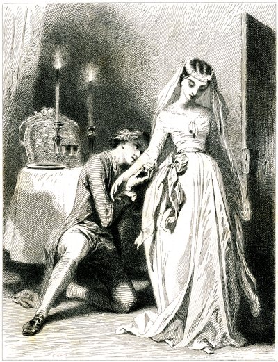 Amant soupirant aux pieds de sa belle dans un intérieur éclairé à la bougie - fille en robe et coiffure romantiques - gravure (eau-forte 1845) par Tony Johannot (Antoine Johannot dit - Tony Johannot