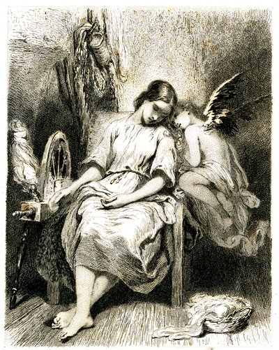 Jeune femme (fileuse) dormant près de sa roue - un angelot penché sur son épaule - sommeil - rêve - rêverie - amour - gravure (eau-forte 1845) par Tony Johannot (Antoine Johannot dit) - Tony Johannot