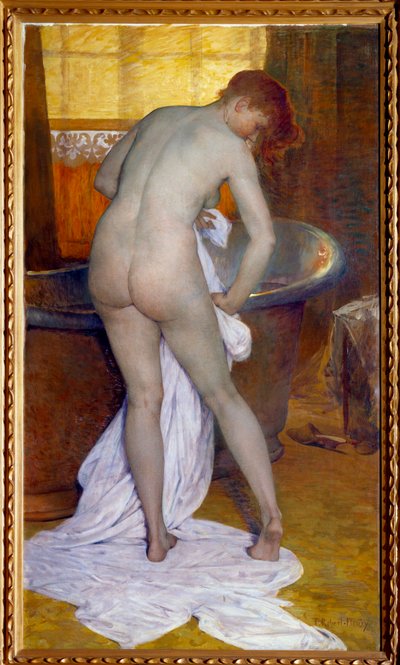 Le bain. Scène dans une salle de bain : Une femme sortant de la baignoire essuie son corps nu avec une serviette. - Tony Robert Fleury