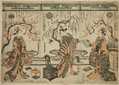 Les acteurs Sanogawa Ichimatsu (à droite), Nakamura Tomijuro (au centre), et Nakamura Kumetaro (à gauche), d