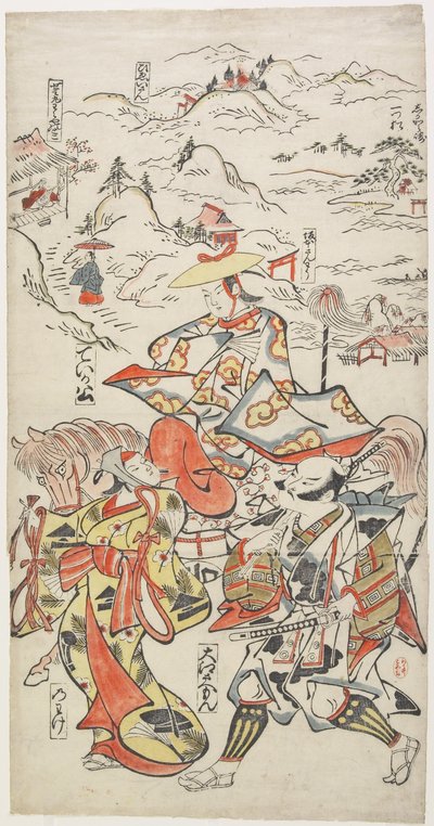 Fujiwara no Teika à cheval accompagné par O_e Saemon et la femme Nowake, vers 1710 - Torii Kiyomasu II