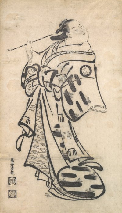 Une oiran debout, une pipe dans la main droite, et se retournant pour regarder derrière elle - Torii Kiyomasu I