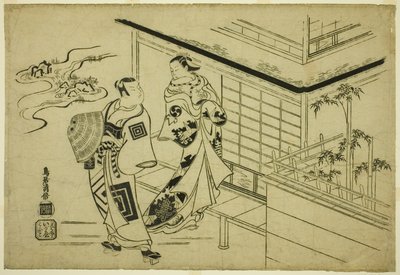 Les acteurs Nakamura Takesaburo I comme Kewaizaka no Shosho et Ichikawa Danjuro II comme Soga no Goro dans la pièce "Bando Ichi Kotobuki Soga," jouée au théâtre Nakamura en janvier 1715 - Torii Kiyomasu I