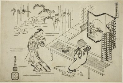 Les acteurs Nakamura Takesaburo I comme Kewaizaka no Shosho et Ichikawa Danjuro II comme Soga no Goro déguisés en komuso dans la pièce "Bando Ichi Kotobuki Soga," jouée au théâtre Nakamura au premier mois - Torii Kiyomasu I