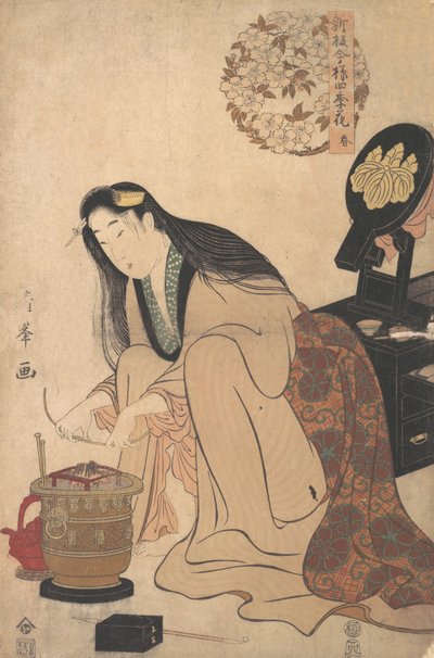 Dame arrangeant le support Binsashi pour les cheveux au-dessus des tempes pour mettre dans ses cheveux, vers 1808 - Torii Kiyomine