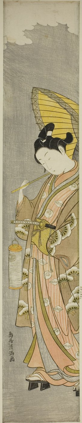 Jeune homme tenant un parapluie et une lanterne - Torii Kiyomitsu I