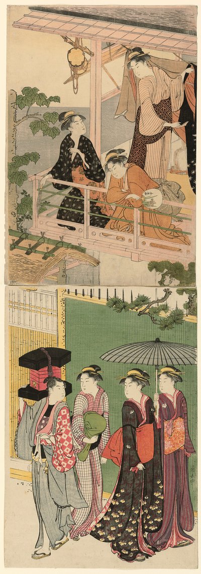 Un colporteur de ventilateurs passant sous un balcon - Torii Kiyonaga