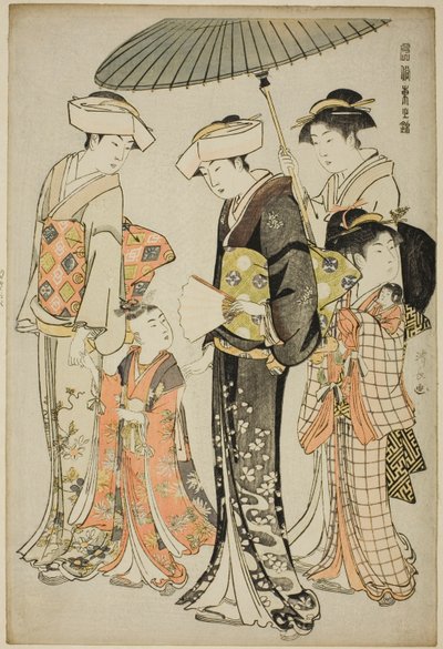 Une fille et quatre serviteurs, de la série "Une brocade de manières orientales (Fuzoku Azuma no nishiki)" - Torii Kiyonaga