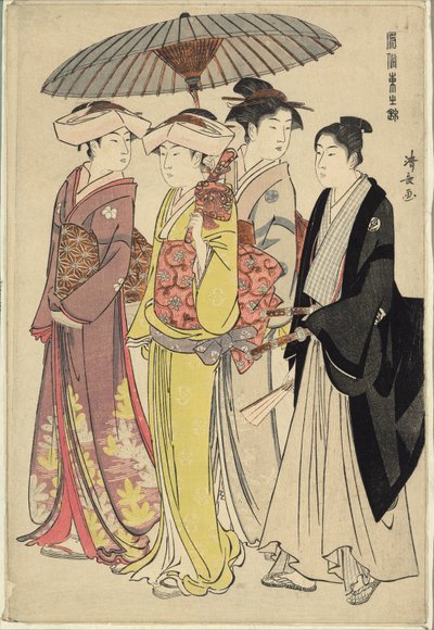 Une dame avec trois serviteurs, de la série "Une brocade de manières orientales (Fuzoku Azuma no nishiki)" - Torii Kiyonaga