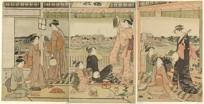 Une fête observant la lune sur la rivière Sumida - Torii Kiyonaga