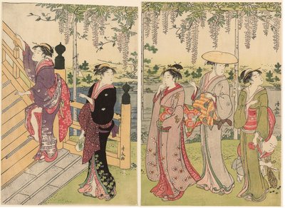 Admirer la glycine au sanctuaire Kameido - Torii Kiyonaga