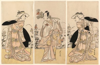 Bando Mitsugoro II en tant que Tennen no Mansaku-kitsune et Ichikawa Monnosuke III en tant que Nikaido Shinanonosuke et Iwai Hanshiro IV en tant que Okura no Kojoro-kitsune dans la scène du drame Moto Mishi Yuki Sakae Hachi-no-ki - Torii Kiyonaga