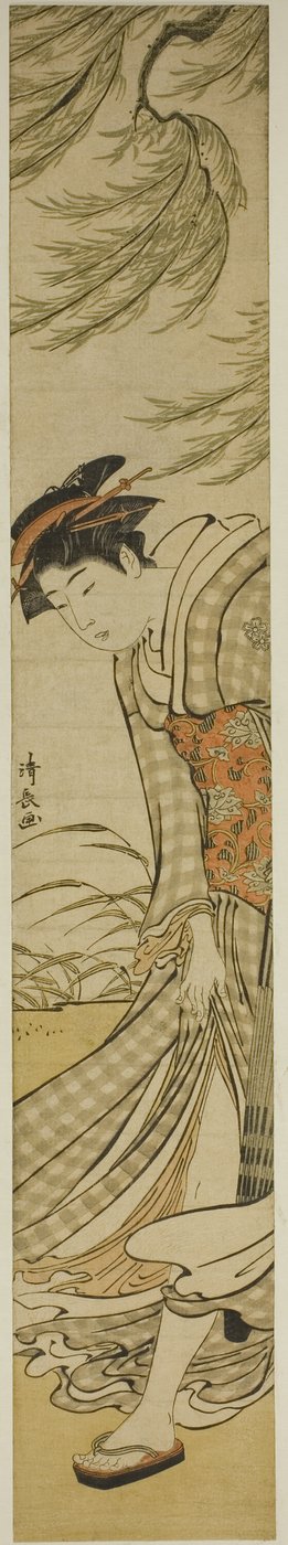 Courtisane marchant sous un saule par une journée venteuse - Torii Kiyonaga