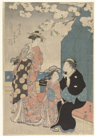 Courtisane avec deux servantes sous les cerisiers en fleurs - Torii Kiyonaga