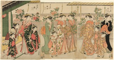 Courtisanes de Yoshiwara et leurs serviteurs regardant les pivoines sur Nakanocho - Torii Kiyonaga