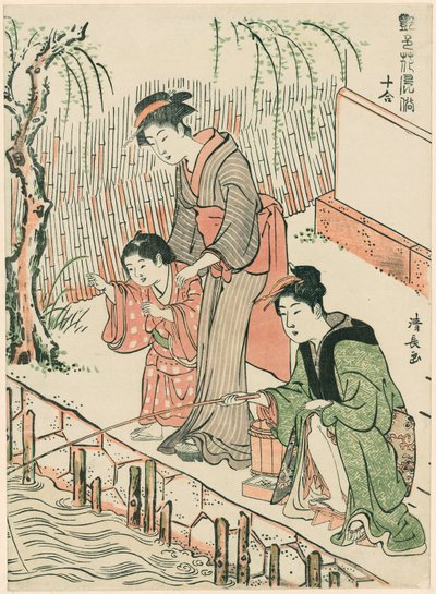Pêche, de la série "Un ensemble de dix beautés dans des styles floraux (Enshoku hana fuzoku ju awase)" - Torii Kiyonaga