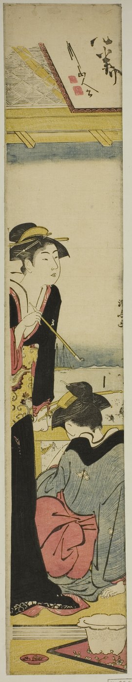 Geisha et servante sur un balcon surplombant la baie - Torii Kiyonaga