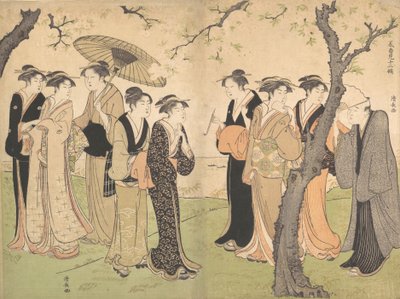 Groupe de six geishas sous les cerisiers à Gotenyama - Torii Kiyonaga