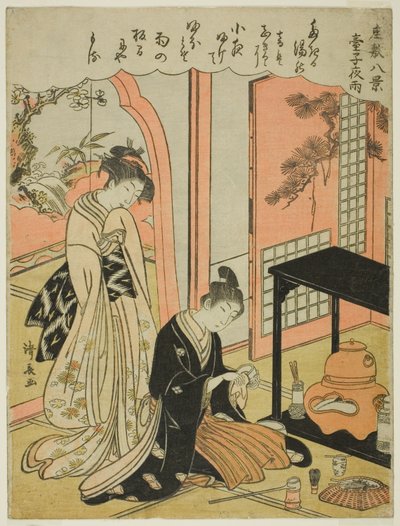 Pluie nocturne sur le stand de thé, de la série "Huit scènes du salon" - Torii Kiyonaga