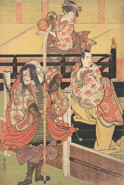 Sur un balcon, une femme est assise jouant du tsuzumi, en dessous un homme en costume de daimyo est en mer, vers 1790 - Torii Kiyonaga