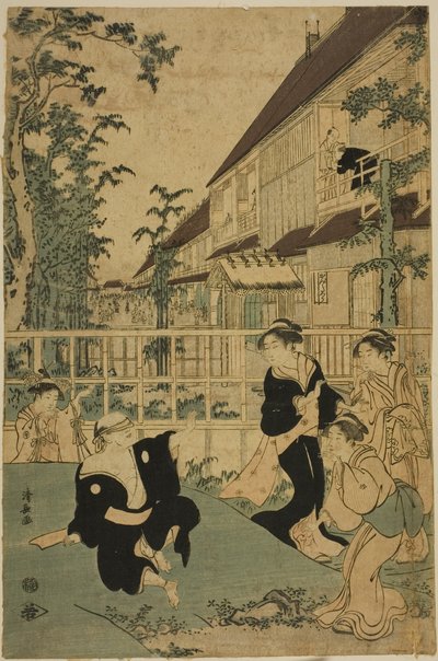 Amusements en plein air à la maison de thé Kankanro à Yoshiwara - Torii Kiyonaga