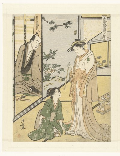 Scène dans la maison Daifukuya (Het toneelstuk Shiraishibanashi) - Torii Kiyonaga