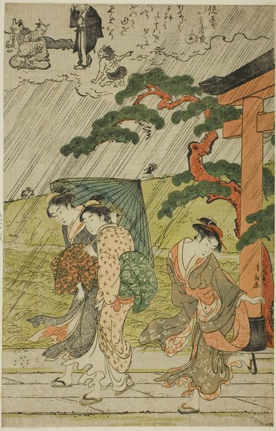 Averse soudaine au sanctuaire de Mimeguri - Torii Kiyonaga