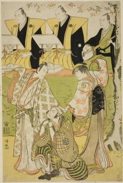 Les acteurs Ichikawa Monnosuke II en tant que Munesada, Segawa Kikunojo III en tant que courtisane Sumizome, et Nakamura Nakazo I en tant que Sekibei, dans la pièce "Tsumoru Koi Yuki no Seki no To," jouée au théâtre Kiri en novembre 1784 - Torii Kiyonaga