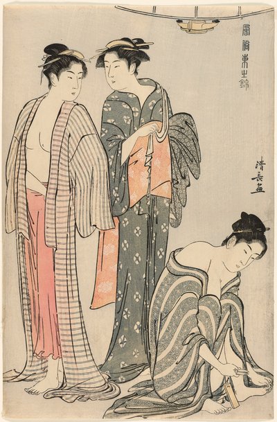Trois femmes après un bain, de la série « Une broderie de manières orientales (Fuzoku Azuma no nishiki) » - Torii Kiyonaga