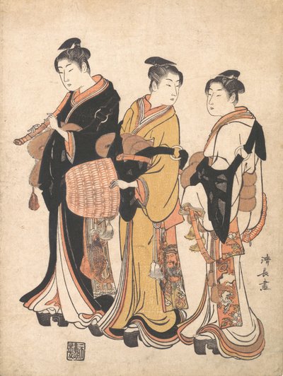 Trois jeunes femmes déguisées en Komuso, ménestrels ambulants, vers 1778 - Torii Kiyonaga