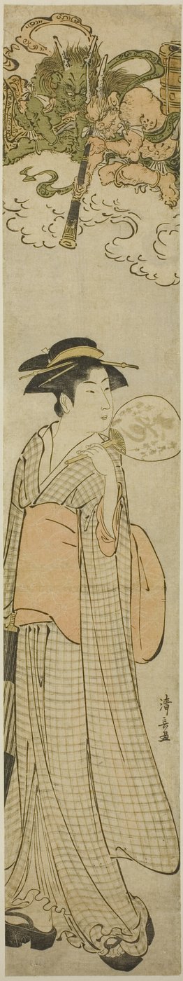 Dieux du tonnerre regardant une beauté à travers un télescope - Torii Kiyonaga