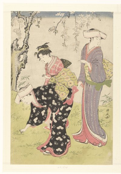 Deux femmes et une fille sous un cerisier en fleurs - Torii Kiyonaga
