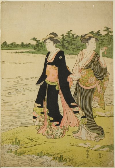Deux femmes attendant un ferry sur la rivière Sumida - Torii Kiyonaga