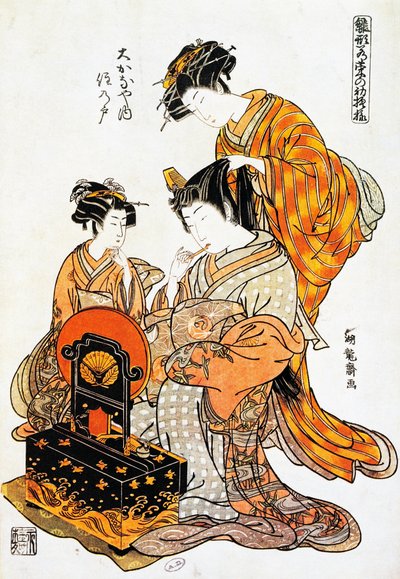 Femme devant un miroir se faisant coiffer, estampe ukiyo-e de Torii Kiyonaga - Torii Kiyonaga