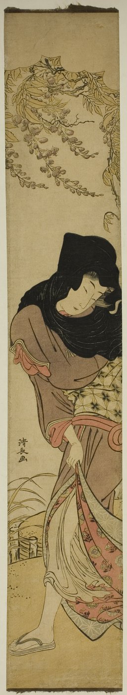 Femme sous glycine soufflée par le vent - Torii Kiyonaga