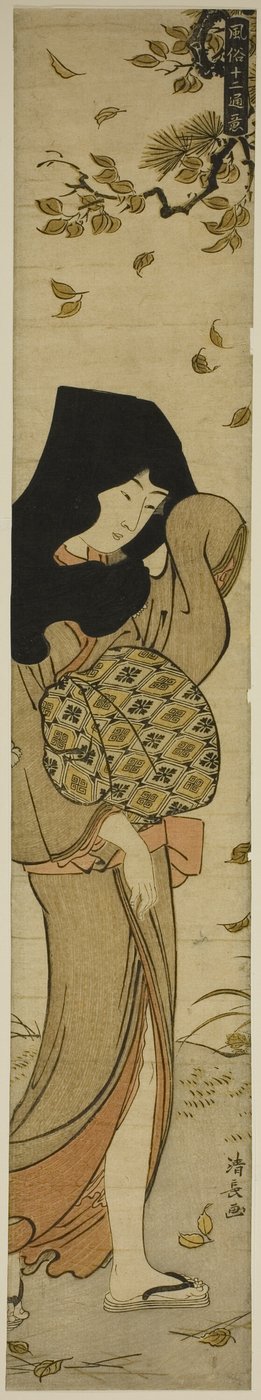 Femme avec capuche noire dans des feuilles emportées par le vent, de la série "Douze scènes de coutumes populaires" - Torii Kiyonaga