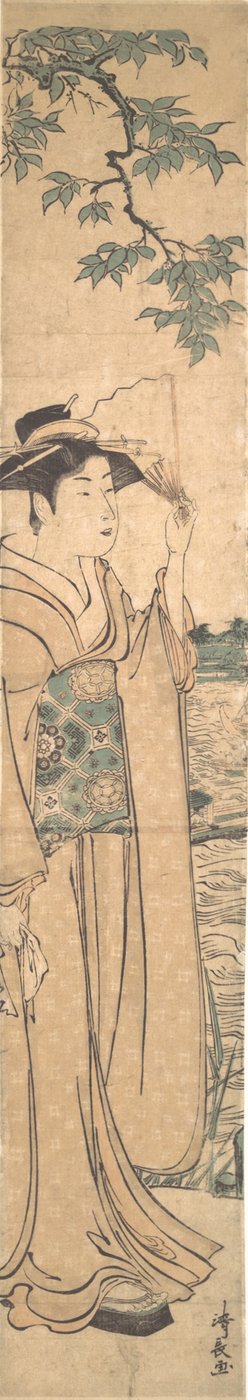 Femme avec éventail sur les rives de la rivière Sumida - Torii Kiyonaga