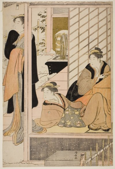 Femmes regardant un jardin enneigé depuis un salon - Torii Kiyonaga