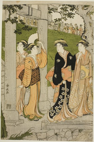 Femmes visitant le sanctuaire Mimeguri - Torii Kiyonaga