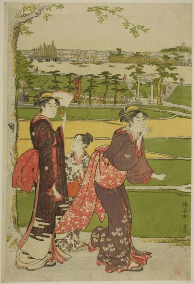 Femmes visitant le sanctuaire de Mimeguri - Torii Kiyonaga