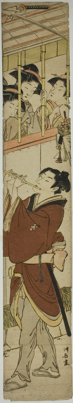 Jeune homme jouant de la flûte devant trois filles - Torii Kiyonaga