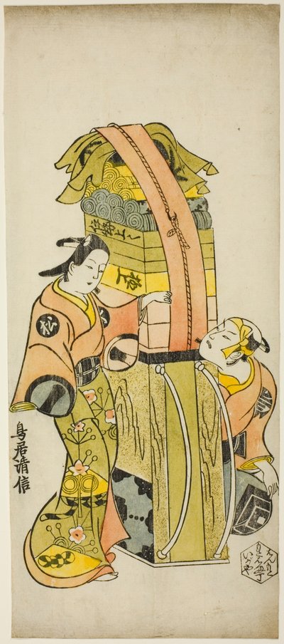Les acteurs Ichikawa Danjuro II en Kamada Matahachi et Ichikawa Monnosuke I en Hisamatsu dans la pièce "Osome Hisamatsu Shinju Tamoto no Shirashibori," jouée au théâtre Morita, 1720 - Torii Kiyonobu I