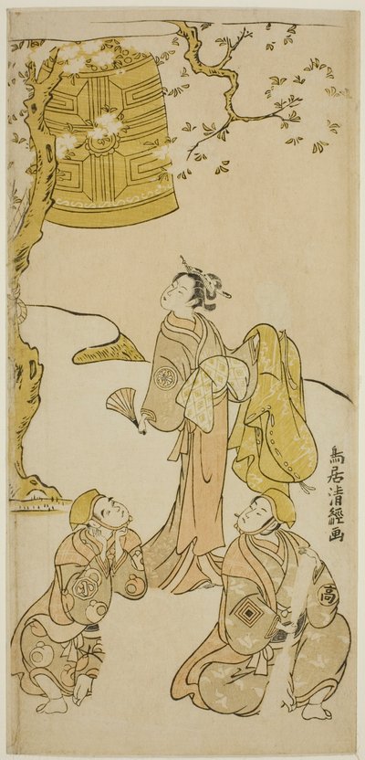 Les acteurs Segawa Kikunojo II, Ichikawa Komazo II et Arashi Otohachi I dans la pièce "Fude Hajime Soga no Tamazusa," jouée au théâtre Nakamura en janvier 1768 - Torii Kiyotsune